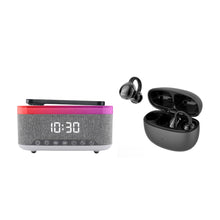Complete Wireless Audio & Charging Bundle – Alarm Clock Radio Speaker with Wireless Charger + Earbuds-0