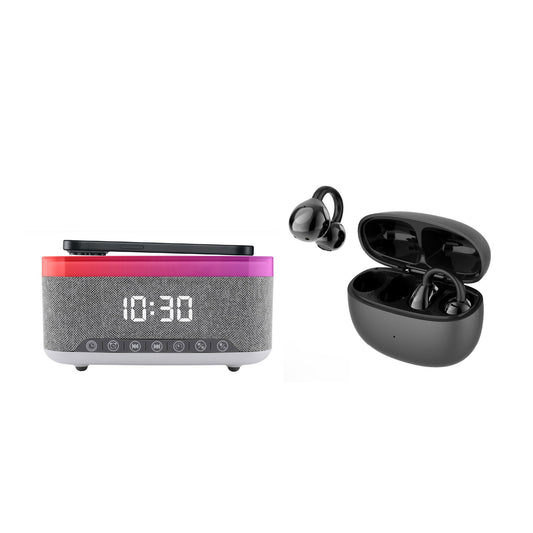 Complete Wireless Audio & Charging Bundle – Alarm Clock Radio Speaker with Wireless Charger + Earbuds-0